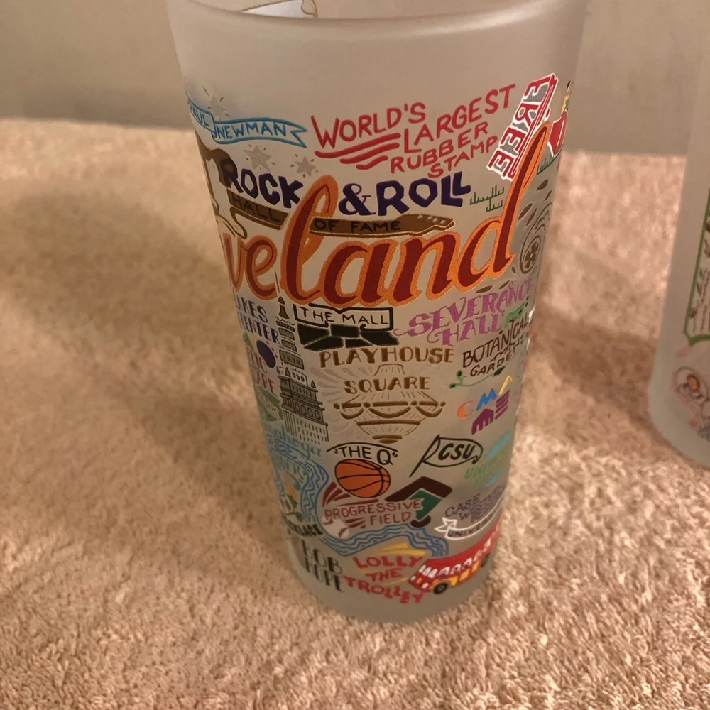 Lot of 2 6” Frosted Ohio & Cleveland Souvenir Glasses